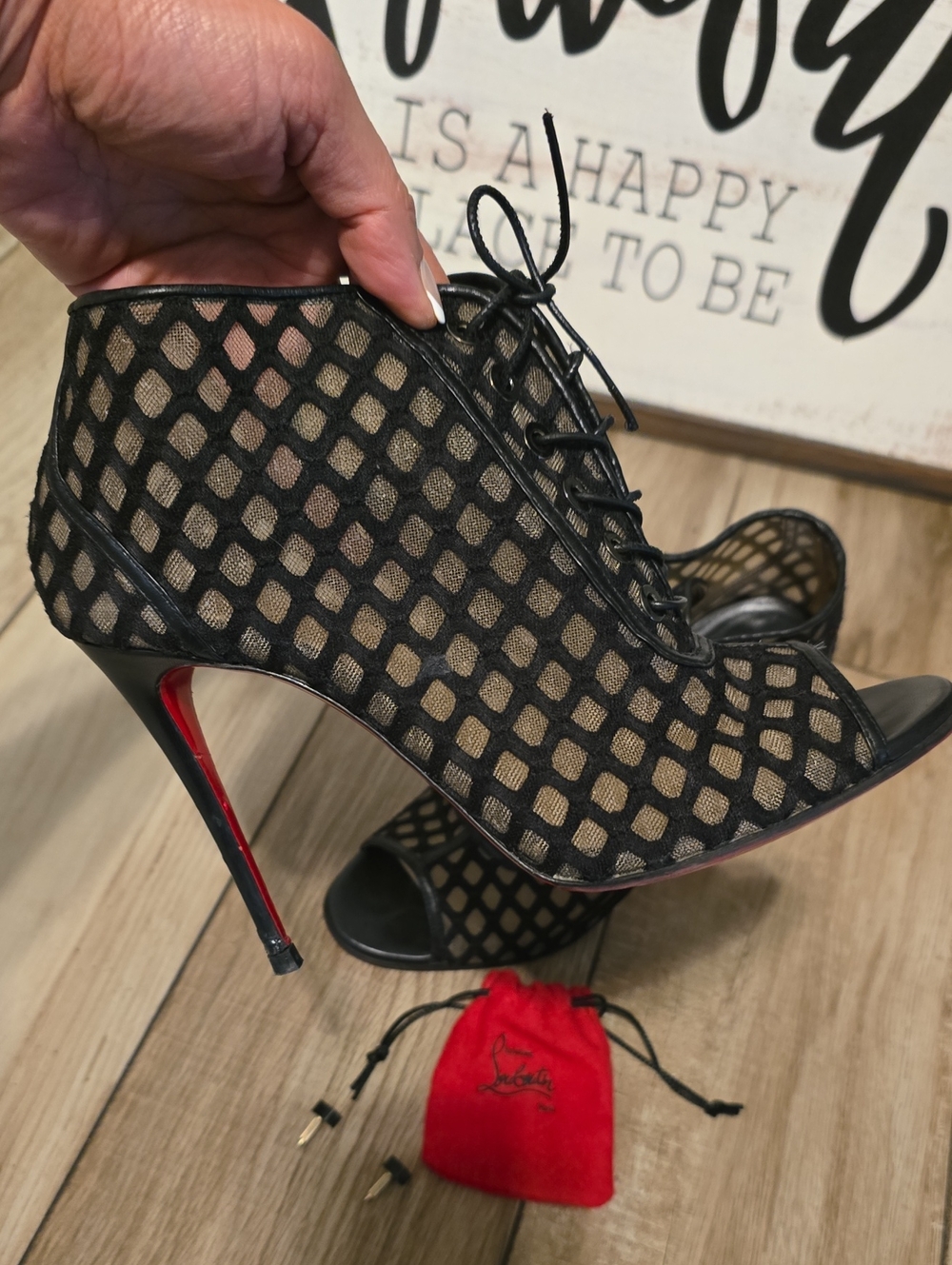 Christian Louboutin Black Mesh Lace-Up Peep-Toe 100 Heels Size (37-1/2) - Picture 15 of 15